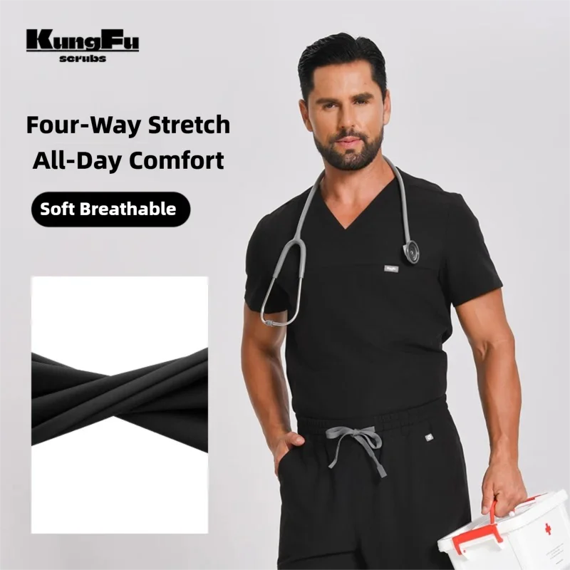 Medical Lab Uniform - เสื้อสครับกังฟูสำหรับผู้ชาย เสื้อผ่าตัด คอวี ต้านเชื้อแบคทีเรีย เสื้อยืดพยาบาล เนื้อผ้านุ่ม
