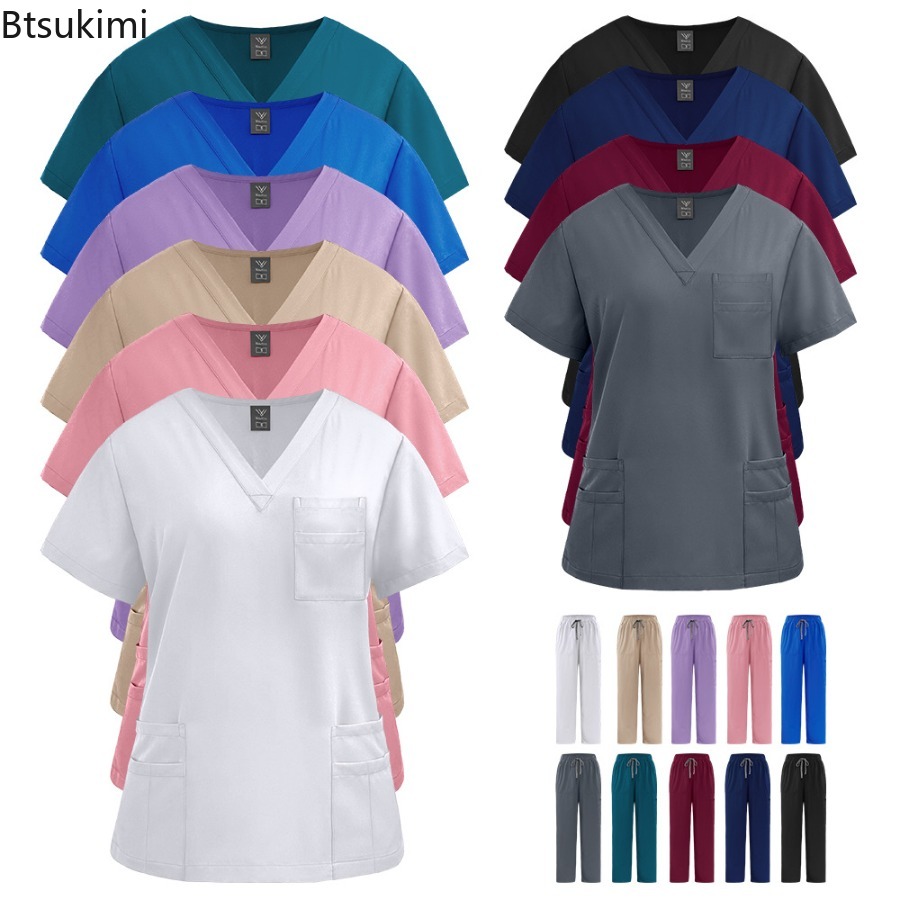 Medical Lab Uniform - ชุดยูนิฟอร์มพยาบาลหญิง เสื้อครอป กางเกงขาสั้น ชุดสครับสำหรับสปา ร้านเสริมสวย ชุดทำงานทางคลินิก