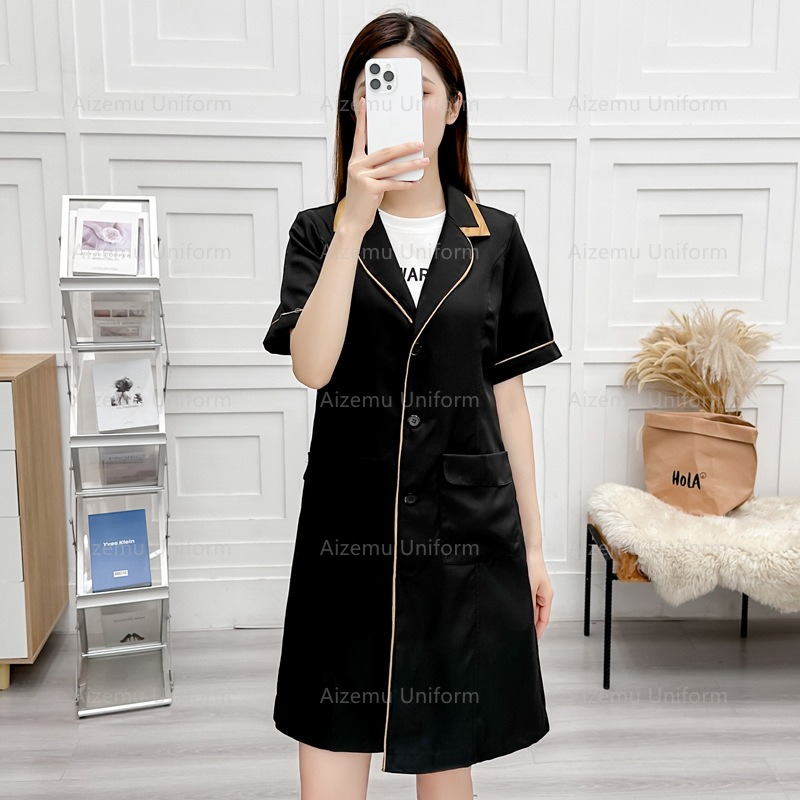 Medical Lab Coats - ความงามสีดําชุดBeautycian Robeผู้หญิงSalon Lab CoatพยาบาลMedical ScrubsสีชมพูโรงพยาบาลสปาWorkclothesโลโก้