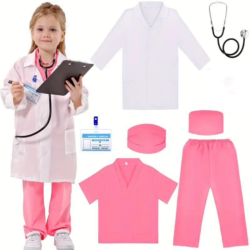 Medical Lab Coats - 7PCS เด็กหมอพยาบาลคอสเพลย์ชุดเด็กผู้หญิงสีขาว Lab Coat เครื่องแบบพร้อมอุปกรณ์เสริม Medical